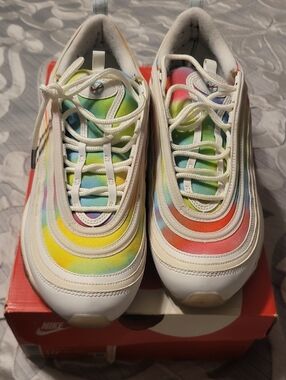 Nike Mens Air Max 97 Size 10.5 White Sneakers with Rainbow Accents